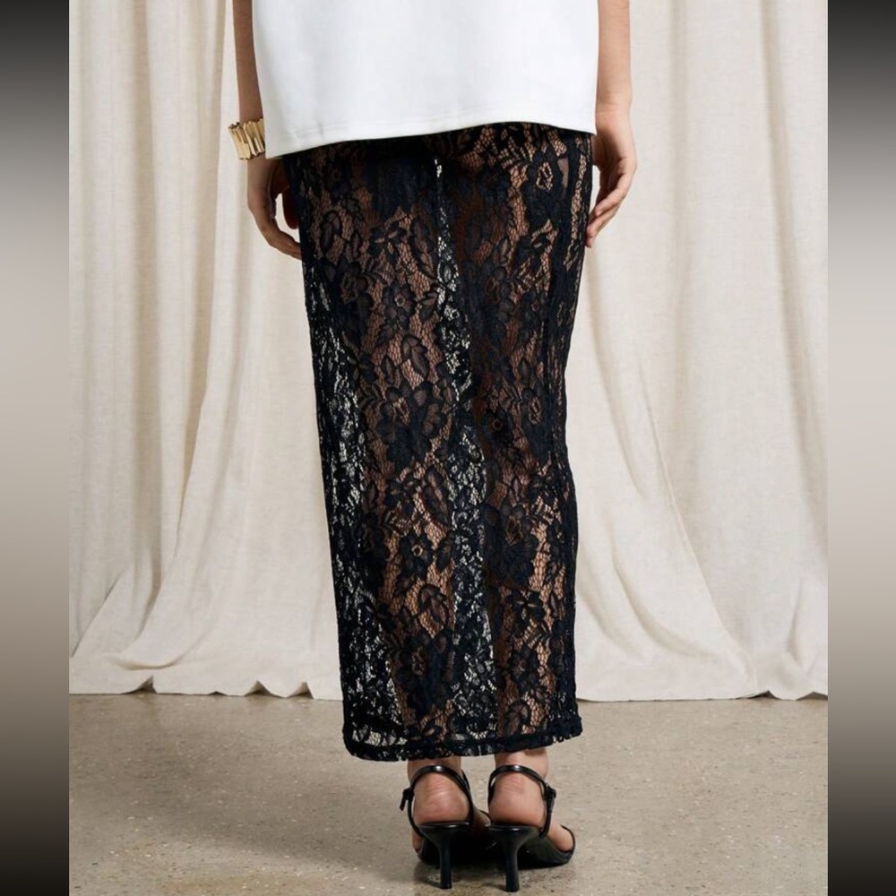 Black lace mesh sheer midi skirt - Picture 3 of 3